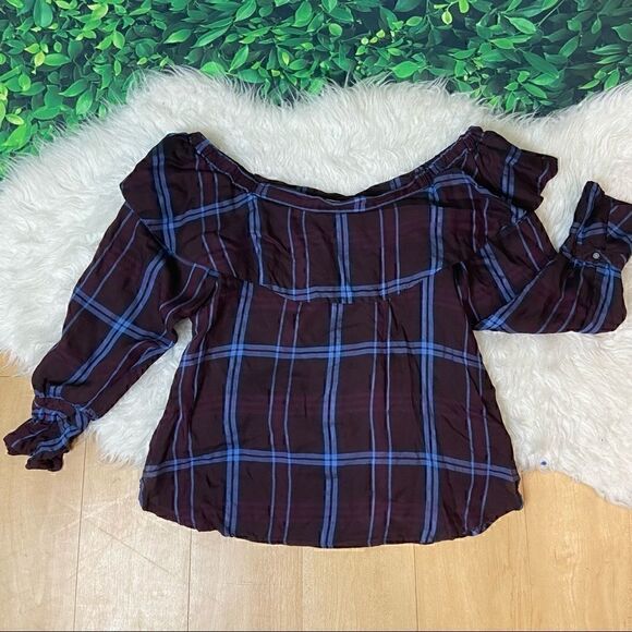 Loft purple plaid casual off the shoulder ruffled sleeves top blouse S - Picture 12 of 15